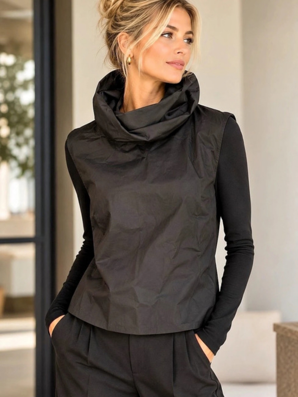 Marcella Black Draped Cowl Neck Jersey Top XS NWT
